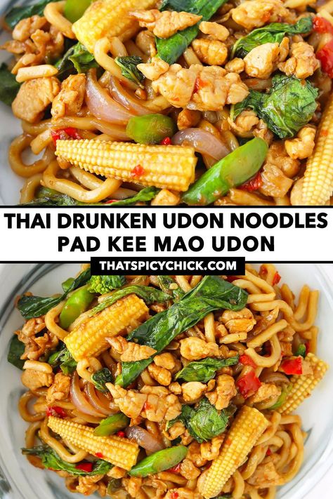 Drunken Udon Noodles are quick and easy to make in 30 minutes and full of all the BEST spicy, savory and sweet flavors that you love in a classic Thai pad kee mao dish! Chicken, fragrant garlic and chilies, veggies, chewy and bouncy udon noodles and holy basil get tossed in a savory-sweet sauce in this mouthwatering weeknight meal! #stirfry #noodles #udon #thaifood #thairecipes #asianfood #chickennoodles #easyrecipes #spicy #drunkennoodles | That Spicy Chick Spicy Udon Noodle Recipe, Easy Drunken Noodles Recipe, Chicken Udon Noodles, Chicken Udon, Udon Noodles Recipe, Drunken Noodles, Chicke Recipes, Udon Noodles, Sweet Sauce