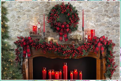 Christmas Fireplace Decor - One of the world's largest retailer. Visit today to buy what you are looking for. Red Christmas Mantle Decor, Red Berries Christmas Decor, Christmas Mantles Ideas Fireplaces, Christmas Mantle Decor Fireplaces, Christmas Fireplace Decor Ideas, Lux Christmas, Red Berry Garland, Christmas Mantel Garland, Christmas Mantles