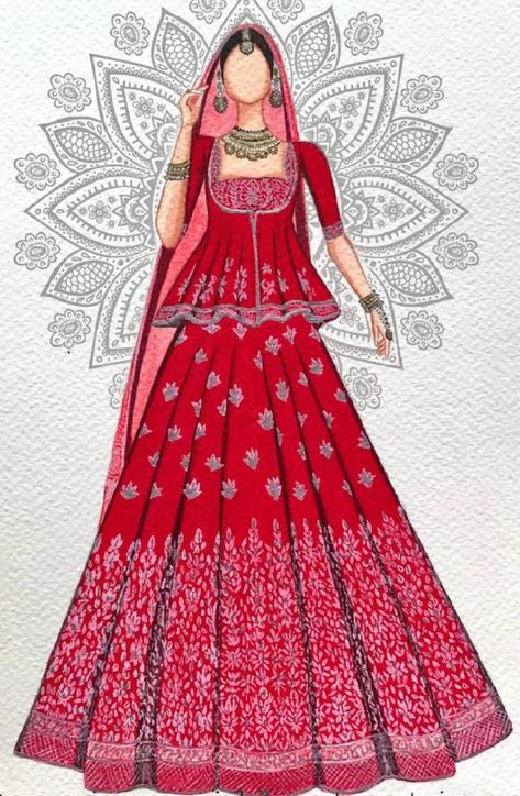 Fashion Sketches Lehenga, Wedding Dresses Painting, Fashion Design Drawings Lehenga, Lehenga Illustration Indian Fashion, Lehenga Design Sketch, Fashion Illustration Painting, Bridal Lehenga Illustration Sketches, Lehenga Designs Illustration, Drawing Dresses Sketches Design