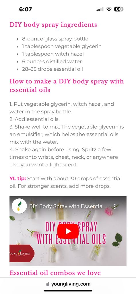 Diy Body Spray With Essential Oils, Body Mist Diy, Body Spray Recipe, Diy Body Spray, Vanilla Body Spray, Body Glitter Spray, Essential Oil Perfumes Recipes, Waxing Moon, Homemade Perfume