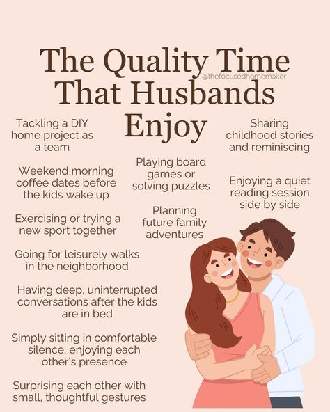 Quality time with your husband: it's not just date nights and grand gestures! 💖 Ever catch yourself thinking, "We never spend time together anymore?" Look, it's in those stolen morning coffees before the kids wake up. It's tackling that DIY project side by side. It's planning your next family adventure while folding laundry. These moments? They're the quiet, everyday moments that keep your connection alive. Husband Qualities List, Quality Time With Husband, Things To Do Couples, Romance Your Husband, Affirmation Challenge, 2025 Vison, Work Vibes, Calm Corner, Happy Marriage Tips