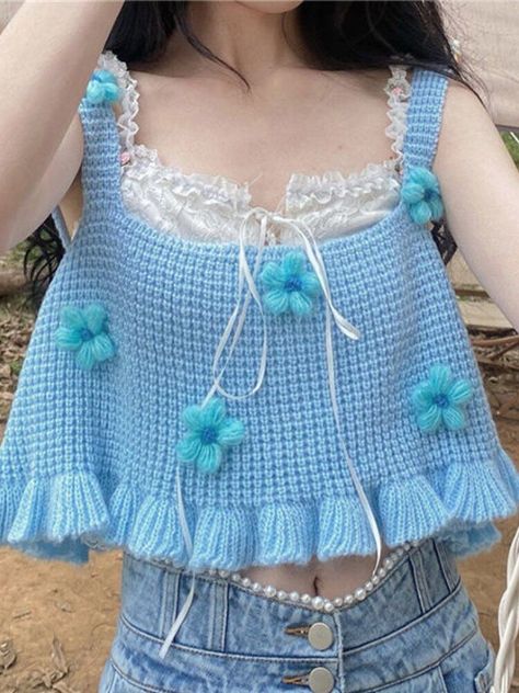 Korean College, Crochet Tank Tops, Japanese Kawaii, Tank Top Women, Crochet Fashion Patterns, Floral Knit, Crochet Tank, College Style, Summer Knitting