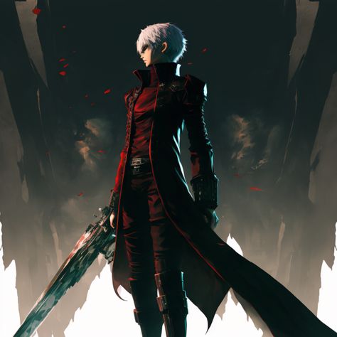 White Hair Swordsman Anime, White Hair Swordsman, Dark Motivation, White Hair Men, Boy With White Hair, Red Overcoat, Black And Red Suit, Anime Male, Red Suit