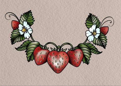 Traditional Tattoos Strawberry, Nature Tattoos Traditional, Strawberry Elbow Tattoo, Flower Under Knee Tattoo, Homesteading Tattoo, Strawberry Flash Tattoo, Neo Traditional Knee Tattoo, Strawberry Candy Tattoo, Semi Traditional Tattoo