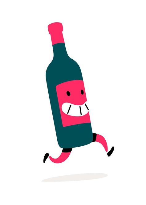 Illustration of a running bottle of wine. Vector. Character bottle with wine or liquor. Icon for site on white background. Sign, logo for the store alcoholic products. Delivery of alcoholic beverages. Wine Cartoon, Alcohol Illustration, Wine Bottle Illustration, Wine Bottle Logo, Bottle Character, Wine Vector, Bottle Logo, Sign Logo, Wine Delivery