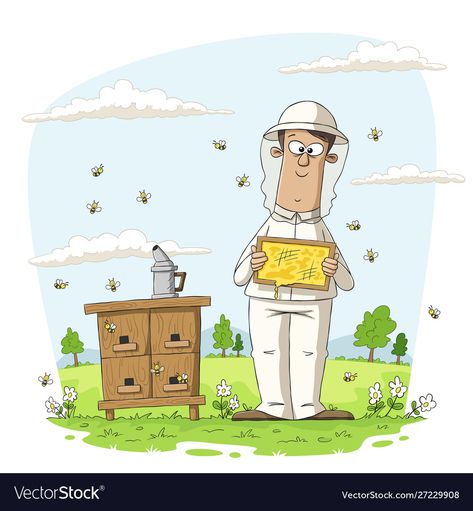 Beekeeper Character Design, Beekeeper Drawing, Beekeeper Art, Honey Jar Illustration, Bee Keeper Illustration, Honey Illustration, Swarm Of Bees Illustration, Images Emoji, Caricature Sketch