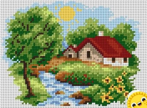 Cross Stitch House, Cross Stitch Landscape, Small Cross Stitch, Completed Cross Stitch, Pola Kristik, Cross Stitch Pictures, Pixel Pattern, Cross Stitch Cards, Beaded Cross