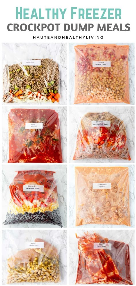 These healthy freezer crockpot dump meals are so handy for new moms looking for healthy meals that they can prep ahead of time before the arrival of a new baby or busy families who need easy meals the whole crew will enjoy! The best part is that there is no pre-cooking required so you can simply prep the meals, freeze and then dump them into the slow cooker for a whole selection of delicious freezer meals. So easy and perfect for those busy days! Freezer Meals For One Person, Freezer Meals For One, Healthy Crockpot Freezer Meals, Meals For One Person, Pregnancy Freezer Meals, Crockpot Freezer Meals, Freezer Crockpot Meals Healthy, Freezer Dinners, Slow Cooker Freezer Meals