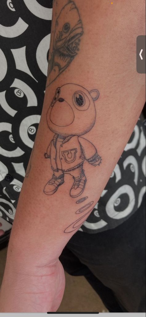 Indie Tattoo Men, Kanye West Graduation Bear Tattoo, Kanye West Graduation Tattoo, Graduation Bear Tattoo, Kanye West Tattoo Ideas, Kanye Tattoo, West Tattoo, Kanye West Graduation Bear, Bear Stencil