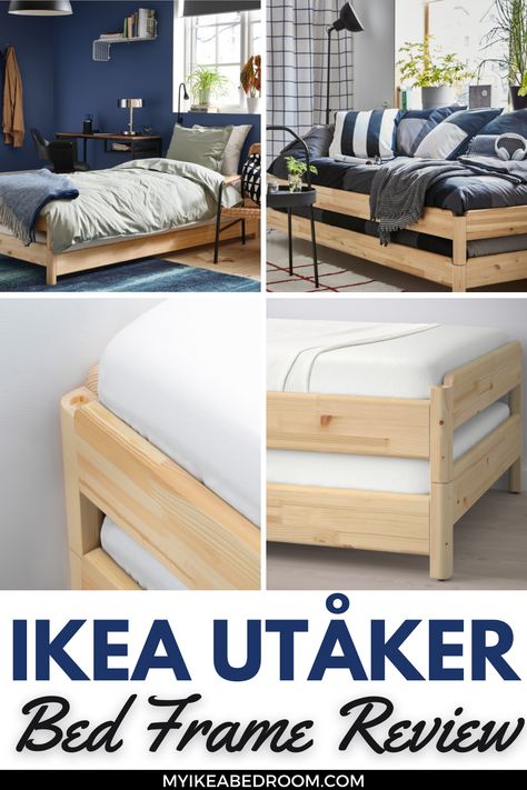 IKEA UTÅKER Bed Frame Review: This IKEA UTÅKER bed frame is a multipurpose piece of furniture that you can have for your home. These are two beds that can be stacked on top of the other to become a single bed, a sofa if you want to sit on it, or you can get a separate bed for sleepovers or if you want to have a comfortable sleep on a twin bed. Ikea Utaker Bed, Utaker Bed, Ikea Utaker, Ikea Utåker, Ikea Twin Bed, Ikea Bed Frames, Cama Ikea, Palette Patio Furniture, Diy Sofa Bed