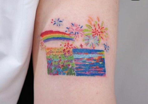 Small Colorful Tattoos, Pride Tattoo, Colorful Tattoos, Funky Tattoos, Party Tattoos, Handpoke Tattoo, Doodle Tattoo, Cute Little Tattoos, Famous Artwork