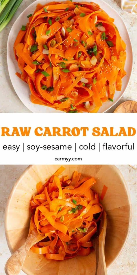 This refreshing raw carrot salad with soy sesame dressing comes together so quickly and easily with a handful of ingredients. Crisp-tender carrots tossed with green onions, sesame seeds, and a flavorful homemade dressing, this is the perfect spring or summer salad! Carrot Noodle Salad, Raw Veg Salad, Easy Raw Meals, Raw Food Dinner Recipes, Fermented Carrot Salad, Raw Carrots Salad, Carrot Salad Recipes Healthy, Recipe With Radishes, Cold Carrot Salad