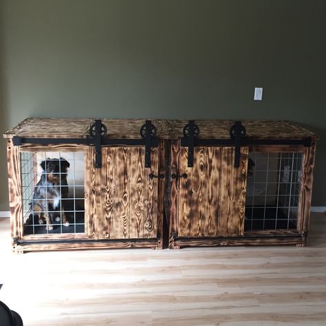 This is two separate dog kennels my dad made for me that are meant to look like one piece of furniture when put together, but also look beautiful on their own. Wood in the outside was torched. All wood is repurposed. Dog Kennels, Look Beautiful, Dog Kennel, My Dad, Put Together, To Look, Garage Doors, Fireplace, One Piece