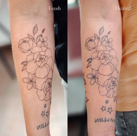 Alina | Fineline Tattoo Artist’s Instagram photo: “Left fresh, Right healed without retouch 🌸 (Lower stars and letterings not my work) ✨ . . . #healedtattoo #healed #healedtattoos #hanover…” Healed Fineline Tattoo, Korea Tattoo, Fineline Tattoos, Fineline Tattoo, Tattoo Artist, Geometric Tattoo, Tattoo Artists, Flower Tattoo, Healing