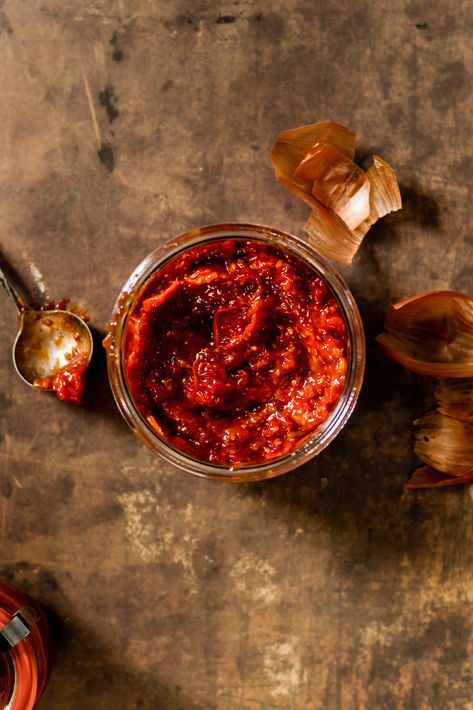 Cherry Tomato Harissa Jam | The Maker Makes Caramelized Shallots, Harissa Paste, Vegan Dressing, Fresh Cherry, Homemade Condiments, Green Sauce, Spice Mix, Spicy Chili, Fresh Cherries