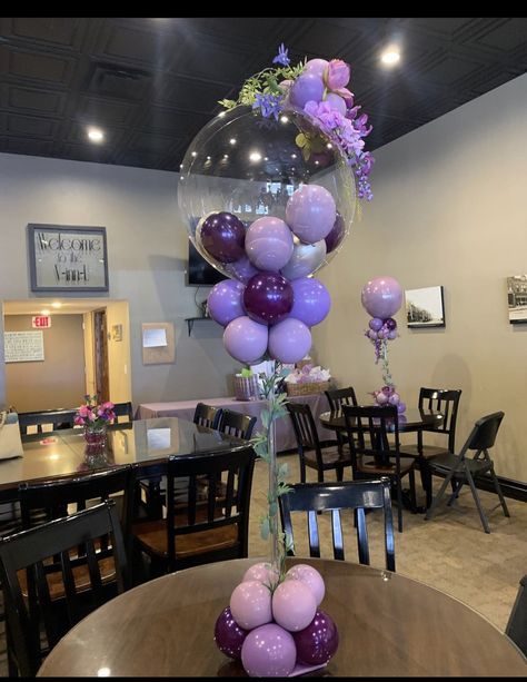 Purple Birthday Decorations, Mitzvah Centerpieces, Neon Birthday, Clear Balloons, Purple Balloons, Purple Birthday, 18th Birthday Party, Balloon Centerpieces, Balloon Columns