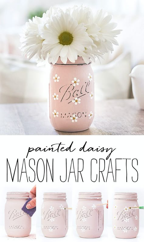 Mason Jar Painting Ideas, Paint Daisies, Painted Mason Jars Diy, Crafts For Spring, Diy Jars, Jars Crafts, Jar Painting, Spring Mason Jar, Jar Projects