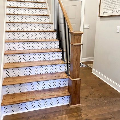 Stairs Makeover Design, Diy Stairs Makeover, Stairs Makeover Ideas, Stairs Renovation, Stair Riser Decals, Stairs Makeover, Stair Riser, Simple Home Decor, Simple Wallpaper