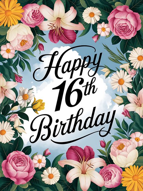 Free Happy 16th Birthday Floral Happy 16th Birthday Girl, Happy Birthday Sweet 16, Happy Birthday Backgrounds, 16th Birthday Wishes, Birthday Wishes Girl, Birthday Backgrounds, Birthday Party Invitation Card, Templates Birthday, 16th Birthday Card