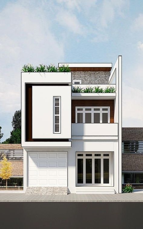 Facade Small House, House Front Elevation, Narrow House Designs, Home Designs Exterior, Beautiful Modern Homes, House Outer Design, Small House Elevation, Modern Small House Design, Small House Elevation Design