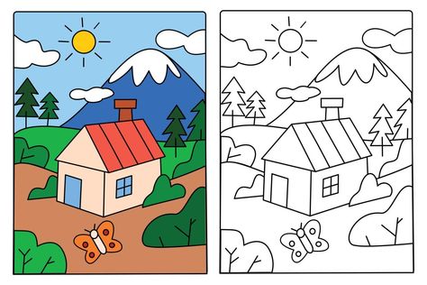 Scenery Coloring Pages, Landscape Drawing For Kids, Classroom Drawing, Nature Drawing For Kids, How To Draw Painting, Landscape Coloring Pages, House In The Countryside, Landscape Drawing Easy, House Drawing For Kids