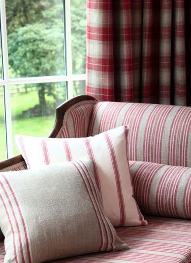 Ian Mankin stripes: Peony and Grain #naturalcurtaincompany Striped Couch, Ticking Stripe Fabric, Natural Curtains, Striped Sofa, Curtain Lining Fabric, Dining Room Curtains, Headboard With Lights, Cosy Living Room, Striped Cushions