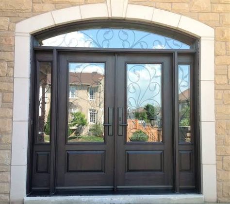 Wooden Double Doors Entrance Front Entry, Living Room Double Doors, Arched Exterior Doors, Arched Transom, Rustic Exterior Doors, Exterior Doors With Sidelights, Doors With Sidelights, Increase Curb Appeal, Double Front Entry Doors