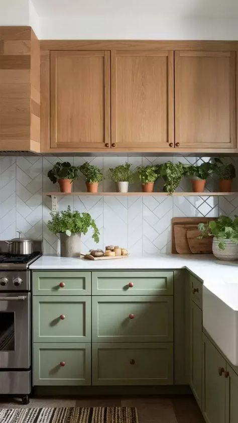 Cream And Wood Kitchen Cabinets, Kitchen Cabinets 2 Colors, Green Cabinets White Countertop, Mismatched Kitchen Cabinets, Victoria Kitchen, Kitchen Remake, Small Kitchen Colors, Reno Kitchen, Magnolia Kitchen