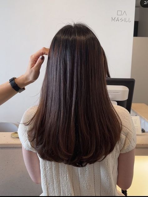 Round One Length Haircut Long, Mid Length U Shaped Haircut, Straight Haircut Layers, Long Subtle Layers Straight, Long Brown Haircut Straight, Slight Layers Medium Hair, Mid Length Haircut No Layers, Winter Haircuts Long, Semi Long Haircut For Women