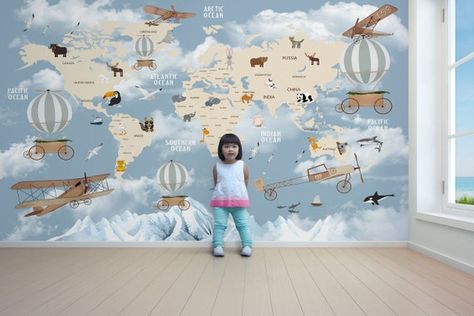 World Map Mural, Kindergarten Wallpaper, Kids World Map, Map Murals, Adventure World, Maps For Kids, World Map Wallpaper, Map Wallpaper, Kids Room Wallpaper