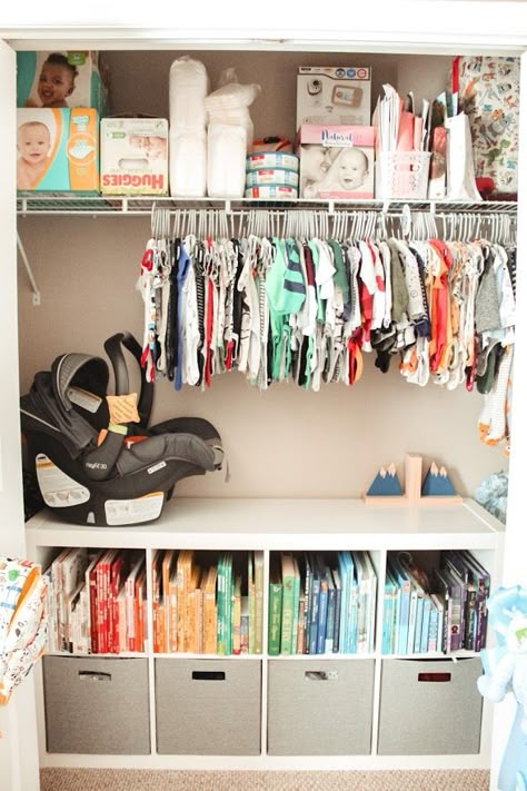 Inspiration for organizing a baby nursery and closet. How to organize books, clothes, gear, diapers, and more! Nursery Closet Organization With Sliding Doors, Best Nursery Organization, Closet Organizer Nursery, Newborn Closet Ideas, Over The Dresser Shelf, Closet Organization Ideas For Nursery, Closet Organization Ideas Nursery, Nursery Open Closet Ideas, Twin Closet Organization