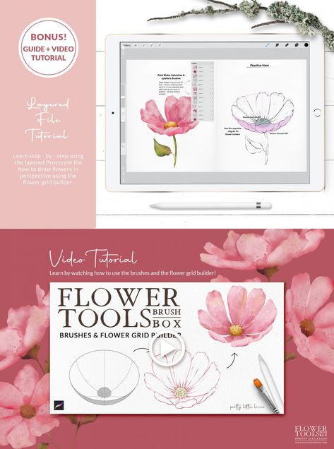 Flower Tools Brush Box Procreate Watercolor Flowers Tutorial, Learn To Draw Flowers, Make Drawing, Watercolor Stamps, Bouquet Tutorial, Brushes Procreate, Flower Drawing Design, Procreate Brushes Free, Drawing Flowers