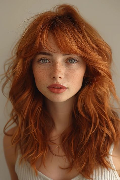 Long Copper Hair With Layers, Short Layer Hair With Bangs, Shoulder Length Red Hair With Layers, Bangs Copper Hair, Cowboy Copper Hair, Soft Curtain Bangs, Copper Hair Color Ideas, Cowboy Copper, Wavy Lob