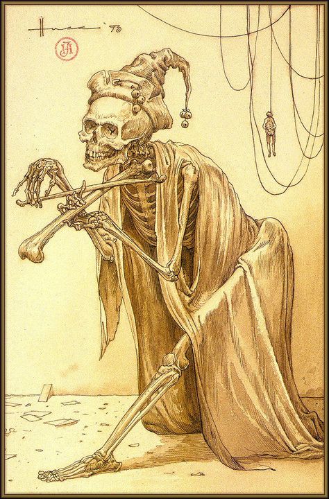 SKELETON FIDDLING ON A TIBIA drawing by Judson Huss, 1993. From RIVER OF MIRRORS, his art book from Morpheus. Folk Horror, Jan Van Eyck, Macabre Art, Skeleton Art, 다크 판타지, Occult Art, A Skeleton, Creepy Art, Freddy Krueger