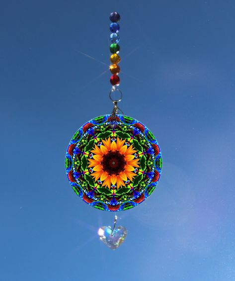 Sunflower Suncatcher, Crystal Sun Catcher Mobile, Light Catcher, Window Hanging Prism Suncatcher, Rainbow Maker, Sunflower Ornament A by MotherNatureMandalas on Etsy Sunflower Suncatcher, Mandala Nature, Mobile Light, 15th Anniversary Gift, Prism Suncatcher, Suncatcher Window, Unique Gifts For Mom, Rainbow Maker, Flower Essences