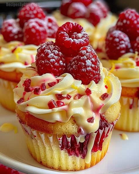 Raspberry Lemon Heaven Cupcakes Recipe - Zesty & Sweet - Recipes By Clare Lemon Heaven, Recipes Muffins, Fluffy Cupcakes, Cupcakes Filled, Fancy Cupcakes, Fresh Raspberries, Refreshing Desserts, Cupcakes Recipe, Lemon Raspberry