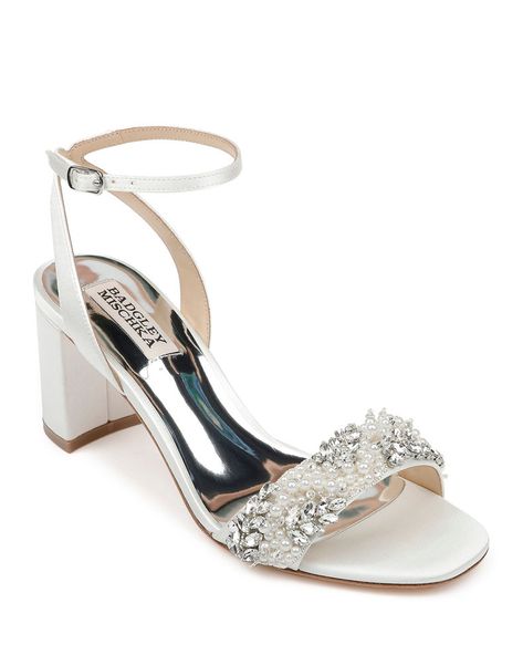 Jewel Badgley Mischka, Badgley Mischka Shoes, Evening Sandals, Strap Sandals Women, Embellished Sandals, Evening Shoes, Block Heels Sandal, White Satin, Badgley Mischka