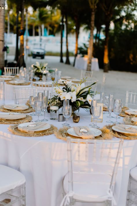 Beach Wedding White Theme, Elegant Beach Wedding Reception, Resort Wedding Reception, White Pampas Wedding, Beach Reception Tables, All White Tropical Wedding, Tropical Wedding Details, Destination Wedding Table Decor, Neutral Tropical Wedding