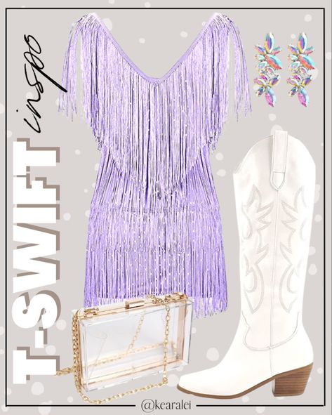 People sequin dress with white cowgirl boots outfit Lavender Concert Outfit, Concert Outfits Inspiration, Eras Tour Concert Outfit, Taylor Swift Eras Tour Concert, Tour Costumes, Maroon Floral Dress, Taylor Swift Concert Outfit Ideas, Concert Fit Ideas, Work Dresses Outfits