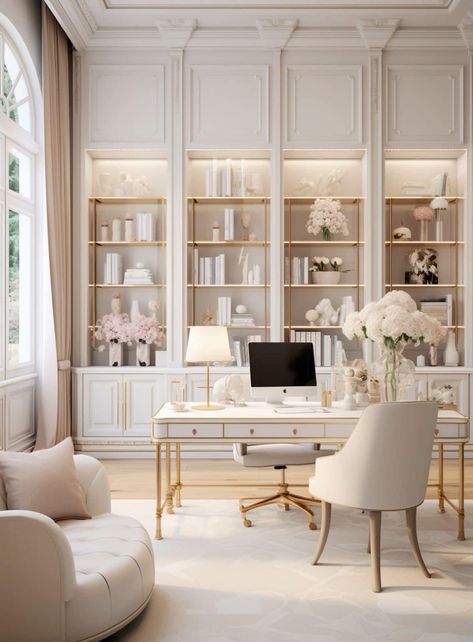 Elegant Home Office, Feminine Home Offices, Home Office Library, Office Room Decor, Elegant Home, Home Office Space, White Furniture, Decor Home Living Room, Office Interior Design