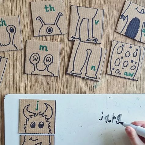 Katie Whitehead | Sharing Fun Phonics Games on Instagram: "Alien Name Puzzles As part of the Year 1 Phonics Screening Check children will be asked to read 40 words. The words will be a mixture of real words and non-words. Non-words are used to see if children are secure in their decoding skills rather than relying on recognising words by sight. The nonsense words are displayed with an alien picture next to them so that children know it's not real. To help my son practise reading non-words I c Alien Names, Alien Words, Roll A Dice, Alien Pictures, Vowel Digraphs, Phonics Activity, Initial Sounds, Nonsense Words, The Aliens