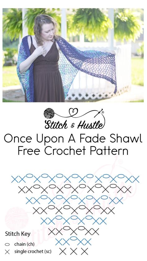 Once Upon A Fade Shawl Free Crochet Pattern — Stitch & Hustle Triangle Shawl Pattern, Crochet Shawl Diagram, شال كروشيه, Crocodile Stitch, Triangle Shawl, Crochet Shawl Pattern Free, Shawl Crochet, Crochet Lessons, Crochet Coat