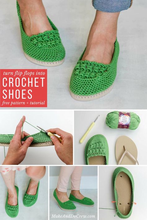 Learn how to crochet shoes with this easy free crochet pattern and tutorial. Because of their flip flop soles, these DIY kicks work well equally well as house slippers or outdoor shoes. via @makeanddocrew  #crochetshoes #shoes #slippers #crochet #video #easy #beginner #makeanddocrew #flipflops #thongs #lionbrand Slippers Diy, Sandal Rajut, Crochet Flip Flops, Crochet Shoes Pattern, Crochet Patterns Free Beginner, Crochet Slipper Pattern, Crochet Boots, Crochet Sandals, Trendy Sewing