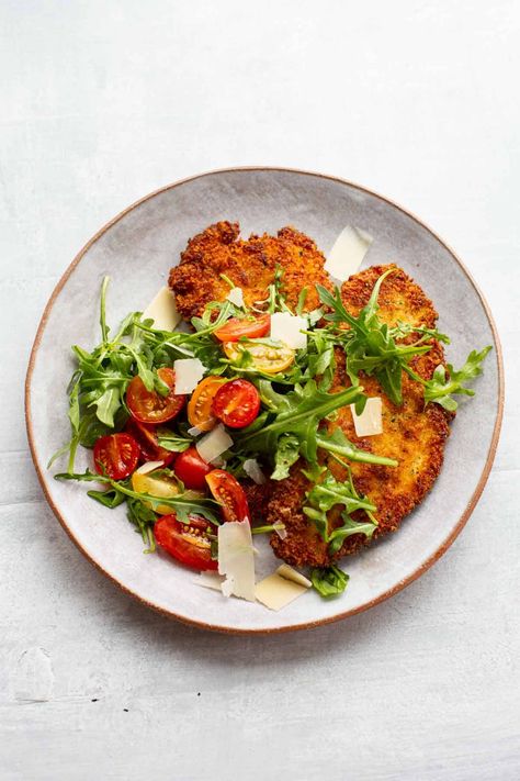 Crispy Chicken Milanese with Tomato Arugula Salad Tomato Arugula Salad, Fried Chicken Cutlets, Authentic Italian Food, Chicken Milanese, Dinners To Make, Chicken Dinners, Italian Dinner, Italian Chicken, Italian Recipes Authentic