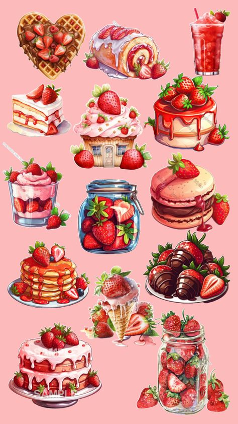 Decoupage Paper Printable, Aesthetic Strawberry, Food Art Painting, Barbie Paper Dolls, Png Stickers, Page Decoration, Easy Pixel Art, Scrapbook Printing, Food Clipart