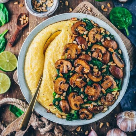 Vegan Polenta, Mushroom Polenta, Mushrooms And Spinach, Polenta Recipes, Vegan Parmesan Cheese, Gluten Free Lunch, Vegan Parmesan, Evening Meals, Delicious Vegan Recipes