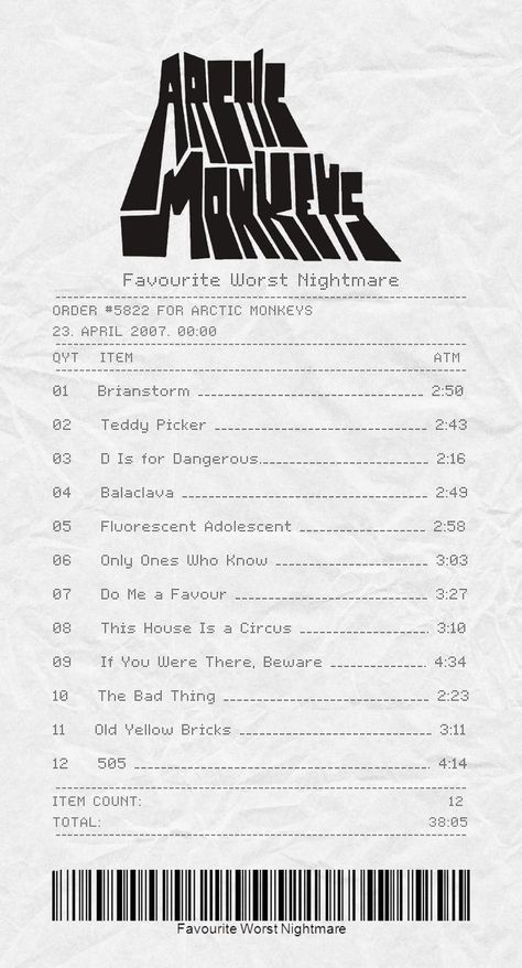 Favourite Worst Nightmare Arctic Monkeys album receipt. Arctic Monkeys Album Cover, Arctic Monkeys Album, Favourite Worst Nightmare, Album Receipt, Arctic Monkeys Lyrics, Grunge Posters, Monkey Wall, Monkey Wallpaper, The Last Shadow Puppets