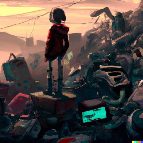 “a robotic boy stranded on an abandoned planet full of garbage post-apocalyptic cyberpunk digital art” #dalle Abandoned Robot Concept Art, Trash City Concept Art, Robot Apocalypse Aesthetic, Post Apocalyptic Pixel Art, Wasteland Cyberpunk, Dystopian Moodboard, Robotic Apocalypse, Apocalyptic Illustration, Garbage Aesthetic