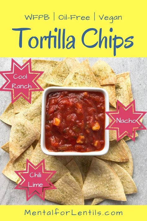 Check out these delicious oil-free tortilla chips. I show you how to bake them nice and crisp, without any oil. Then flavour them as you wish. Includes recipes for cool ranch, nacho and chilli lime seasonings. #wfpb #veganrecipes #healthysnacks #oilfree Chickpea Chips Recipes, Protein Tortilla Chips, Oven Baked Tortilla Chips, Chickpea Tortilla, Chickpea Chips, Gluten Free Chips, Vegan Tortilla, Chip Recipe, Tortilla Chip Recipe