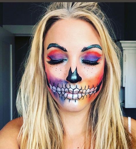 Rainbow skeleton halloween makeup Cute Skeleton Face Paint, Rainbow Skeleton Makeup For Kids, Colourful Skeleton Makeup, Unicorn Skeleton Makeup, Skeleton Makeup Kids, Black Light Skeleton Makeup, Rainbow Skeleton Makeup, Colorful Skeleton Makeup, Skeleton Halloween Makeup